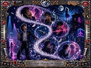 A neon-soaked 1980s dreamscape follows a dark-haired romantic through glowing feather-lined bubbles, city rooftops, microphones, telephones, and surreal reflections. Electric blues, magentas, chrome, and gold create playful longing and theatrical mystery. An ornate music-themed frame of lips, instruments, cassettes, and metallic filigree surrounds the polished digital painting.