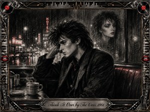 A brooding young man sits alone in a rain-soaked diner, lost in thought as a ghostly womans reflection hovers in the window behind him. Deep feathered charcoal textures, smoky grays, silver highlights, and restrained crimson accents create a melancholic 1980s new-wave mood, framed by ornate musical motifs and engraved metalwork.