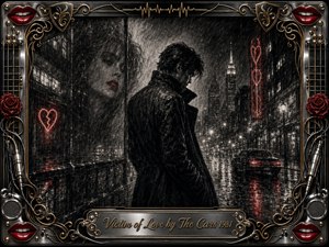 A solitary man stands beneath rain-darkened city lights, haunted by a ghostlike woman with vivid red lips reflected beside him. Deep feathered charcoal textures create a brooding noir atmosphere, while crimson neon hearts and wet pavement reflections add emotional intensity. An ornate chrome-and-gold musical frame surrounds the dramatic composition.