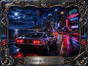 A sleek silver sports car cruises along a rain-slicked coastal boulevard beneath a moonlit sky, surrounded by glowing skyscrapers, palm trees, and vivid neon signs. Saturated blues, magentas, reds, and chrome reflections create an energetic 1980s atmosphere, framed by ornate musical hardware, speakers, guitars, red lips, and engraved metallic details.