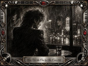A solitary figure sits beside a rain-streaked city window, lost in quiet reflection as a faint face appears in the glass. Deep charcoal textures, smoky shadows, and scattered neon highlights create a melancholic 1980s atmosphere. An ornate chrome-and-gold music-themed frame, red lips, vinyl records, cables, and engraved title plate complete the dramatic composition.