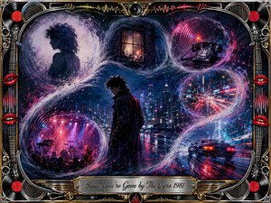 A solitary figure stands beneath neon city lights as feathered memory bubbles sweep in an S-curve around him, revealing a fading woman, apartment window, telephone, speeding car, and club stage. Midnight blues, violet, cyan, magenta, and red create a bittersweet new-wave mood, framed by ornate chrome, gold, vinyl, speakers, and bright lips.
