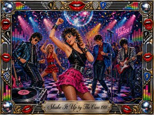 A vibrant 1980s dance-rock scene erupts beneath a mirrored disco ball, with energetic dancers, guitarists, neon lights, confetti, and checkerboard flooring. Electric pinks, blues, reds, and gold spotlights create a celebratory pulse. Detailed acrylic styling, chrome-and-gold framing, red lips, equalizer motifs, vinyl imagery, and the engraved title complete the composition.