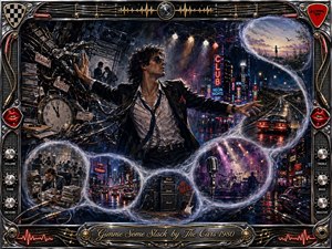 A defiant new-wave figure pushes against tangled cables, deadlines, clocks, and office pressure while reaching toward freedom through a glowing S-curve of dreamlike scenes. Neon city streets, amplifiers, stage lights, and an open road unfold in electric blues, reds, violets, and chrome, framed with ornate rock-and-roll details.