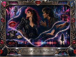 A defiant woman turns from a pleading man amid a neon-soaked 1980s cityscape, their tension carried through a luminous S-shaped ribbon of feathered light. Electric blues, crimson, pink, chrome, and gold glow across microphones, red lips, a telephone, car imagery, sound waves, and an ornate rock-inspired metallic frame.