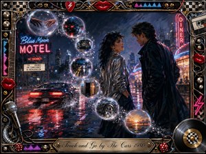 A neon-soaked rainy night captures a tense romantic encounter beside a sleek car, motel, and glowing diner. Shimmering bubbles curve through the scene, holding symbolic memories of touch, travel, and separation. Electric blues, crimson, silver, and pink reflections create cinematic drama, framed by ornate chrome, gold, music gear, lips, dice, and vinyl.