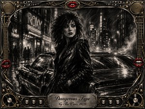 A mysterious woman in a black leather jacket stands beside a sleek vintage car on a rain-soaked city street, radiating cool danger and confidence. Deep feathered charcoal textures, smoky shadows, neon highlights, red lips, and gold-chrome accents create a dramatic noir atmosphere, framed by ornate rock-and-roll musical details.
