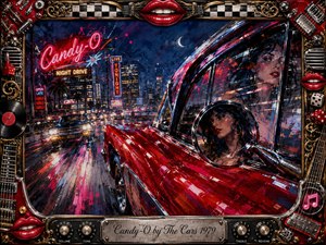 A candy-apple-red car races through a neon-soaked city night, its chrome reflecting a mysterious dark-haired woman and streaking lights. Rich acrylic textures, deep blues, vivid reds, pinks, and gold create seductive energy and motion. An ornate rock-and-roll frame of guitars, lips, vinyl, dice, and amplifier hardware completes the scene.