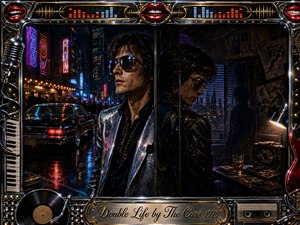A mysterious man appears in two contrasting worlds: a rain-slicked neon city and a shadowy private room, suggesting a divided identity. Electric blues, crimson highlights, chrome reflections, and warm lamplight create cinematic tension. An ornate music-themed frame of lips, instruments, records, equalizers, and gold detailing completes the polished digital painting.
