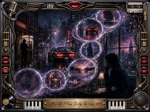 A rain-soaked city glows beneath violet and blue night skies as a solitary figure reflects on love, distance, and memory. Translucent bubbles sweep in an S-curve, revealing fading cars, reaching hands, faces, and a jukebox. Chrome, gold, piano keys, red lips, and musical hardware form an ornate retro frame.