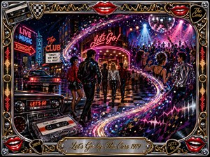 A neon-drenched late-1970s nightlife scene surges from a glowing car radio toward a crowded new-wave club, connected by swirling bubbles and luminous S-curves. Chrome, gold, hot pink, violet, and electric blue reflections create playful momentum, while dancers, cassette details, disco lights, checkerboard floors, and an ornate musical frame amplify the energetic retro atmosphere.