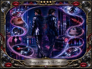 A neon-noir dreamscape shows mirrored figures moving through a glossy city night, surrounded by glowing S-curves of music, romance, chrome, vinyl, speakers, and disco reflections. Electric blues, magentas, reds, and gold shimmer under cinematic light. An ornate stereo-themed frame and engraved title plate complete the richly detailed digital painting.