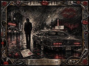 A solitary figure stands beside a sleek vintage car on a rain-soaked city street, surrounded by glowing diner signs, club lights, rose petals, and fading lipstick marks. Deep charcoal textures, smoky grays, chrome highlights, and vivid reds create a melancholy noir mood, framed with ornate musical details and engraved metalwork.