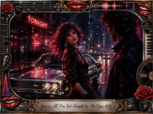 A neon-soaked city night frames a confident woman beside a gleaming vintage car as a shadowed man faces her in charged silence. Crimson, magenta, midnight blue, chrome, and gold reflections shimmer across rain-slick streets. Ornate musical motifs, red lips, roses, vinyl, and guitar details create a glamorous retro-rock atmosphere.