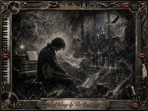 A solitary guitarist sits beside a piano in a rain-darkened room overlooking a glowing nighttime city. Deep feathered charcoal textures, drifting sheet music, smoky memories, and scattered feathers create a haunting, reflective mood. Ornate chrome-and-gold musical framing, red lips, records, strings, and vintage microphone details surround the monochrome scene.