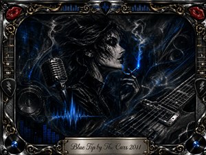A mysterious woman emerges from a smoky charcoal nightclub scene, holding a glowing electric-blue tip beside a vintage microphone and dark electric guitar. Deep blacks, graphite textures, chrome reflections, and vivid blue light create a cool, dramatic mood. An ornate metallic frame with gold accents, records, speakers, and red lips completes the rock-inspired composition.