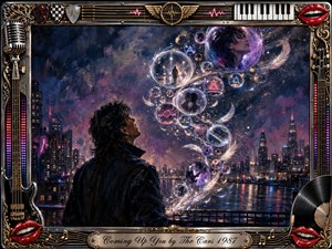 A solitary figure gazes upward across a glowing nighttime city as luminous feathered bubbles spiral through the sky, carrying dreamlike fragments of memory and music. Deep blues, violets, magentas, and warm reflections create a romantic, contemplative mood. Painterly textures, neon highlights, and an ornate chrome-and-gold musical frame complete the surreal composition.
