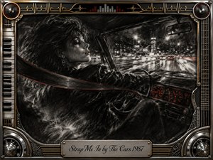 A glamorous woman drives through a rain-slicked city at night, wrapped in deep charcoal textures and streaking highway lights. A sweeping seatbelt motif adds tension and motion, while subtle red dashboard glows sharpen the monochrome palette. Chrome, gold, piano, guitar, and speaker details frame the dramatic 1980s new-wave scene.