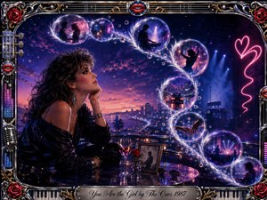 A glamorous woman gazes across a neon-lit city at twilight as luminous memory bubbles sweep through the scene in a graceful S-curve. Deep violets, blues, pinks, and chrome reflections create a wistful 1980s mood. An ornate musical frame, roses, red lips, piano keys, and metallic details complete the polished digital painting.