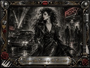 A glamorous woman strides through a rain-slicked city night outside a neon music club, framed by smoky charcoal textures and dramatic reflections. Deep blacks, silvery grays, and vivid red accents create a seductive 1980s new-wave mood. Chrome, gold, guitars, roses, microphones, and musical motifs enrich the ornate border.