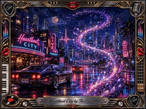 A neon-soaked city glows beneath a midnight sky, where vintage cars cruise rain-slick streets reflecting electric pink, blue, violet, and gold. A luminous S-curve of feathered bubbles and sparkling light sweeps through the skyline, while an ornate chrome-and-gold music-themed frame enhances the dreamy, romantic 1980s atmosphere.