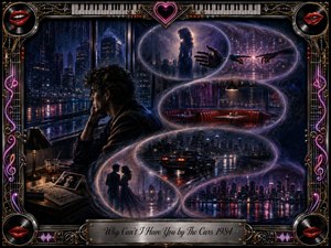 A solitary man sits beside a rain-streaked window, surrounded by dreamlike S-curving memories of romance, empty diners, night drives, and distant city lights. Deep blues, violets, magenta, chrome, and gold create a wistful 1980s atmosphere, framed by musical ornaments, glowing lips, piano keys, and an engraved title plate.