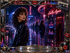 A glamorous woman in a glossy black jacket turns beneath neon lights on a rain-soaked 1980s city street, surrounded by recurring silhouettes that suggest memory and reunion. Electric pink, blue, violet, and chrome reflections create a moody new-wave atmosphere, framed by ornate music-themed details and an engraved Hello Again by The Cars 1984 title plate.