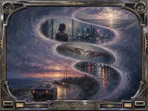 A rain-slicked vintage car travels beneath a brooding twilight sky as an elegant S-curve of feathered memories rises through the composition, revealing a solitary woman, nearly touching hands, city reflections, and a glowing horizon. Deep blues, lavender, silver, and amber create a melancholy acrylic atmosphere, framed in chrome, gold, and musical details.