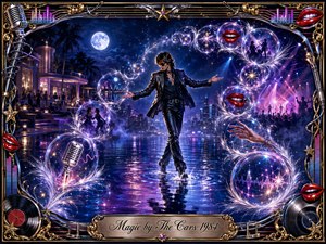 A stylish figure glides across moonlit water in a surreal 1980s dreamscape, surrounded by luminous feathered bubbles, red lips, microphones, dancers, and sparkling sound waves. Electric blues, violet, magenta, silver, and gold glow beneath dramatic stage lighting, while an ornate musical frame and engraved title plate complete the polished digital painting.