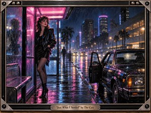 A stylish woman stands beneath a neon-lit shelter on a rain-soaked city street, framed by a glossy vintage car and distant skyline. Electric magenta, blue, violet, and amber reflections shimmer across wet pavement. The cinematic mixed-media style, metallic framing, soft haze, and sharp urban lighting create cool romantic tension and restless new-wave energy.