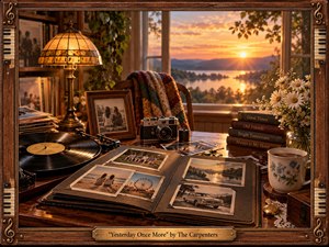 A warmly nostalgic music room glows in golden sunset light, centered on an open photo album, spinning vinyl record, vintage camera, framed memories, flowers, and tea. Rich wood, amber brass, soft textiles, and faded photographs create a handcrafted 1970s atmosphere, framed by piano keys and musical motifs with gentle cinematic realism.
