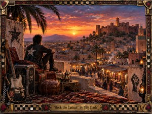 A lone punk musician sits above a glowing desert city at sunset, overlooking a bustling market and hilltop casbah. Fiery orange skies contrast with deep earth tones, lantern light, patterned rugs, and weathered stone. The richly textured oil-painting style, battered guitar, and ornate rock-inspired frame create a rebellious, cinematic atmosphere.