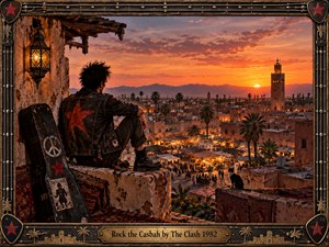 A lone punk figure overlooks a glowing desert city from a weathered rooftop at sunset, surrounded by rugs, lanterns, palms, and a battered guitar case. Fiery orange skies contrast with dark clothing and aged stone, creating a rebellious, contemplative mood. An ornate metal-and-guitar-inspired frame reinforces the handcrafted rock aesthetic.
