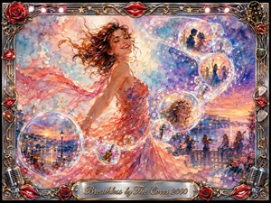 A joyful woman in a flowing coral dress turns through a luminous lakeside dreamscape, surrounded by iridescent bubbles forming a graceful S-curve of romantic memories, musicians, instruments, and dancing figures. Warm sunset pinks, blues, and golds glow in painterly watercolor textures, framed by ornate chrome, roses, microphones, lips, and a polished engraved title plate.