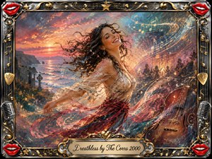 A joyful woman dances beside a glowing coastal sunset, her windblown hair and flowing red-and-white clothing conveying romantic exhilaration. Swirling gold musical notes, instruments, and distant performers enrich the painterly scene. Warm coral, turquoise, and amber tones blend with luminous brushwork, framed by ornate chrome, gold accents, microphones, and vivid red lips.