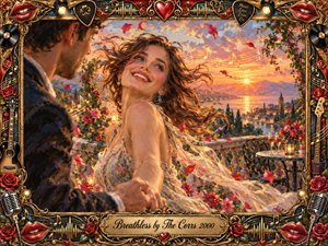 A radiant woman dances hand-in-hand with her lover on a flower-filled terrace overlooking a glowing sunset lake and distant village. Warm gold, coral, crimson, and blue tones create a romantic, exhilarating mood. Painterly textures, swirling petals, musical notes, roses, guitars, microphones, and ornate gold framing enrich the celebratory composition.