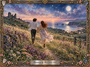 A young couple runs hand in hand through a windswept wildflower meadow toward a glowing coastal horizon at twilight. Lavender, blue, rose, and gold tones create a tender, nostalgic mood. Soft watercolor textures, moonlight, distant ruins, village lights, and an ornate music-themed frame enhance the romantic sense of escape.
