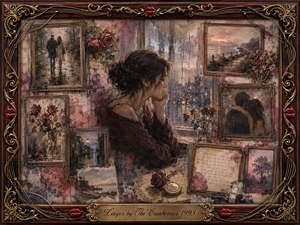 A solitary woman sits beside a rain-streaked window, surrounded by faded framed memories of love, coastal landscapes, roses, and handwritten letters. Muted burgundy, sepia, dusky pink, and gray tones create a tender, wistful mood. Layered oil, acrylic, and watercolor textures blend softly within an ornate rosewood-and-gold musical frame.