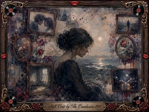 A solitary dark-haired woman sits beside a moonlit, turbulent sea, surrounded by faded portraits, roses, handwritten fragments, and nostalgic interiors. Muted charcoal, sepia, burgundy, and blue-gray tones create a wistful mood. Ornate rosewood framing, vinyl records, strings, red lips, gold inlay, and soft painterly textures deepen the sense of memory and longing.