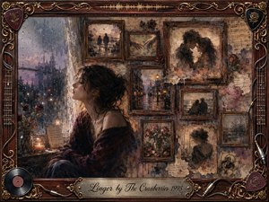 A wistful woman sits beside a rain-streaked window, surrounded by faded rosewood-framed memories of love, roses, letters, and quiet city scenes. Muted burgundy, sepia, charcoal, and amber tones create a tender melancholy. Painterly oil, acrylic, and watercolor textures blend with soft candlelight, musical details, and ornate gold-trimmed framing.