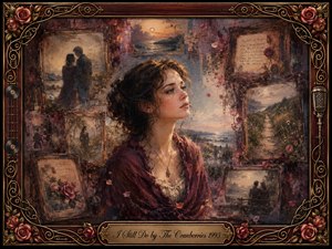A wistful young woman in burgundy stands amid a rosewood collage of fading romantic memories, coastal landscapes, handwritten notes, and shadowed couples. Warm amber light softens muted browns, reds, and smoky blues. Painterly oil, acrylic, and watercolor textures create nostalgic depth, framed by roses, gold filigree, musical details, and an engraved title plate.