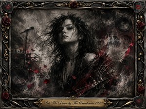 A brooding charcoal portrait of a windswept woman dominates a smoky, distressed setting, surrounded by crimson roses, fractured guitar strings, record grooves, and subtle sound-wave markings. Deep blacks, ash gray, and blood red create a melancholic intensity, while soft directional lighting and ornate metallic framing lend the composition a dramatic, gothic elegance.