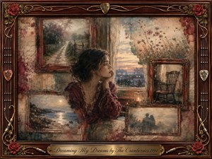 A contemplative woman rests beside a softly glowing window, surrounded by faded framed memories of country roads, moonlit shores, an empty chair, and distant lovers. Warm rosewood, aged gold, muted burgundy, cream, and dusk-blue tones create a tender nostalgic mood, blending painterly oil, acrylic, and watercolor textures with ornate musical details.