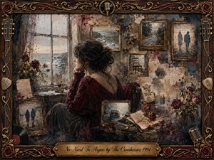 A solitary woman in a burgundy dress sits beside a rain-streaked window, surrounded by faded photographs, handwritten letters, roses, and weathered frames. Muted browns, charcoal grays, and deep reds create a melancholy atmosphere, while soft natural light and layered painterly textures evoke memory, distance, reflection, and emotional resignation.