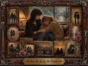A richly textured nostalgic collage centers on two women embracing beside a rain-streaked window, conveying loyalty, comfort, and tenderness. Warm amber, sepia, charcoal, and muted blue tones surround faded photographs, roses, guitars, and a vintage microphone. Ornate rosewood and gold framing, soft lamplight, and painterly detail create a deeply sentimental atmosphere.