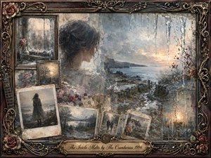 A melancholic winter memory collage frames a solitary woman against a rugged, icy coastline, surrounded by faded photographs, roses, and frosted windows. Muted blues, grays, sepia, and warm amber light create a tender, reflective mood. Painterly textures, melting icicles, ornate rosewood, and gold musical inlays deepen the nostalgic atmosphere.
