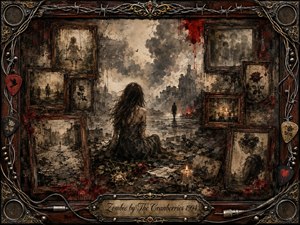 A lone woman kneels amid a war-torn city, surrounded by faded framed memories of childhood, loss, roses, candles, and shadowy figures. Sepia browns, charcoal blacks, and blood-red accents create a mournful atmosphere. Dramatic smoky light and textured mixed-media brushwork intensify the scene, enclosed by barbed wire, guitar details, and ornate metalwork.