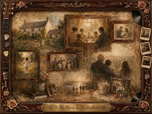 A warm, nostalgic family collage fills an ornate rosewood frame, blending faded photographs, childhood scenes, a country home, and tender gatherings. Sepia browns, muted golds, and soft cream tones glow beneath gentle window light. Painterly oil and watercolor textures evoke memory, while roses, guitar strings, records, and engraved detailing enrich the sentimental composition.