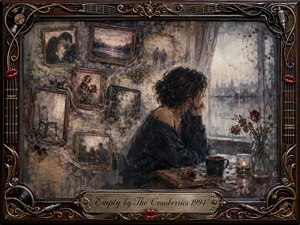 A solitary woman sits beside a rain-streaked window, surrounded by faded photographs, wilted roses, and fragments of handwritten memories. Muted browns, smoky blues, and tarnished gold create a mournful, intimate atmosphere. Layered oil, acrylic, and watercolor textures soften the nostalgic collage, framed with ornate musical details and elegant engraved lettering.