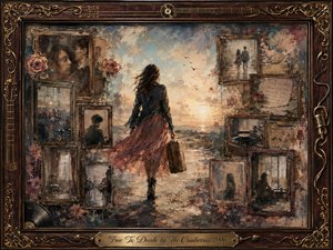A solitary woman carrying a suitcase walks toward a luminous horizon through a dreamlike collage of fading memories. Vintage rosewood frames hold shadowy portraits, handwritten letters, rainy streets, and a turntable. Warm gold, dusty rose, blue-gray, and sepia tones blend in richly textured painterly layers, creating a wistful yet liberating atmosphere.